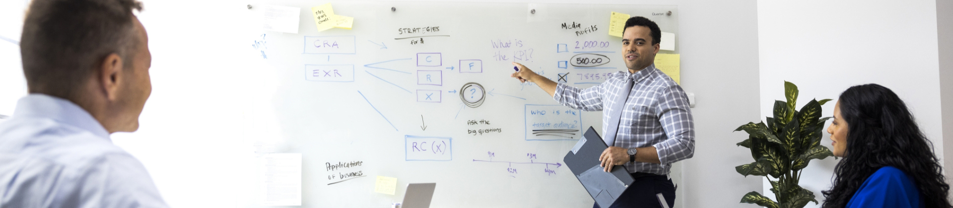 man in a plaid button down shirt teaches on a white board